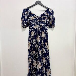 Floral Puff Sleeve Navy Dress